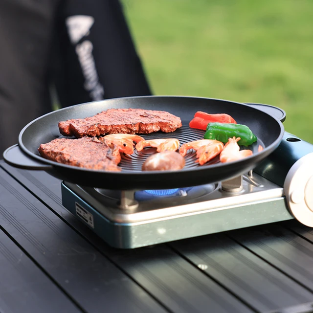 Round Threaded Frying Pan Korean Style BBQ Grill Pan with Ear Handle Non  Stick Stovetop Barbecue Plate for Outdoor Camping - AliExpress