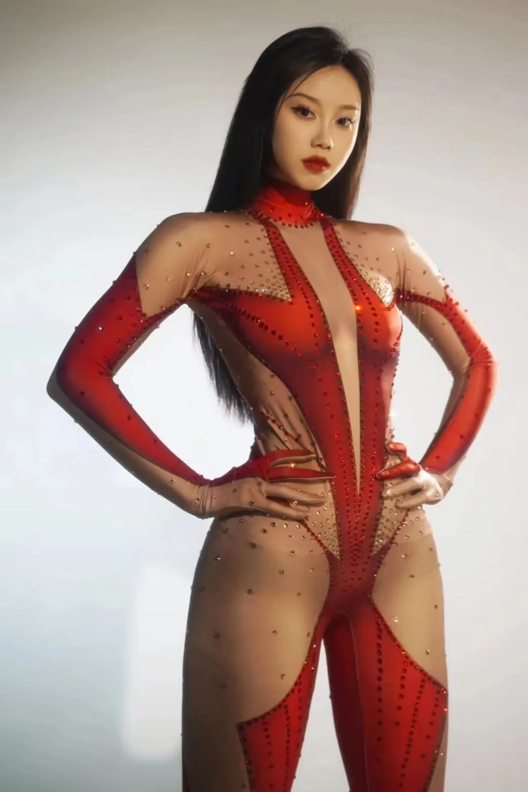 Women Sexy Rhinestone Printing Elastic High Neck Bodysuit Gloves Cross dressing Queen Female Singer Stage Performance Costume