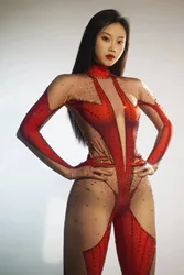 Women Sexy Rhinestone Printing Elastic High Neck Bodysuit Gloves Cross dressing Queen Female Singer Stage Performance Costume