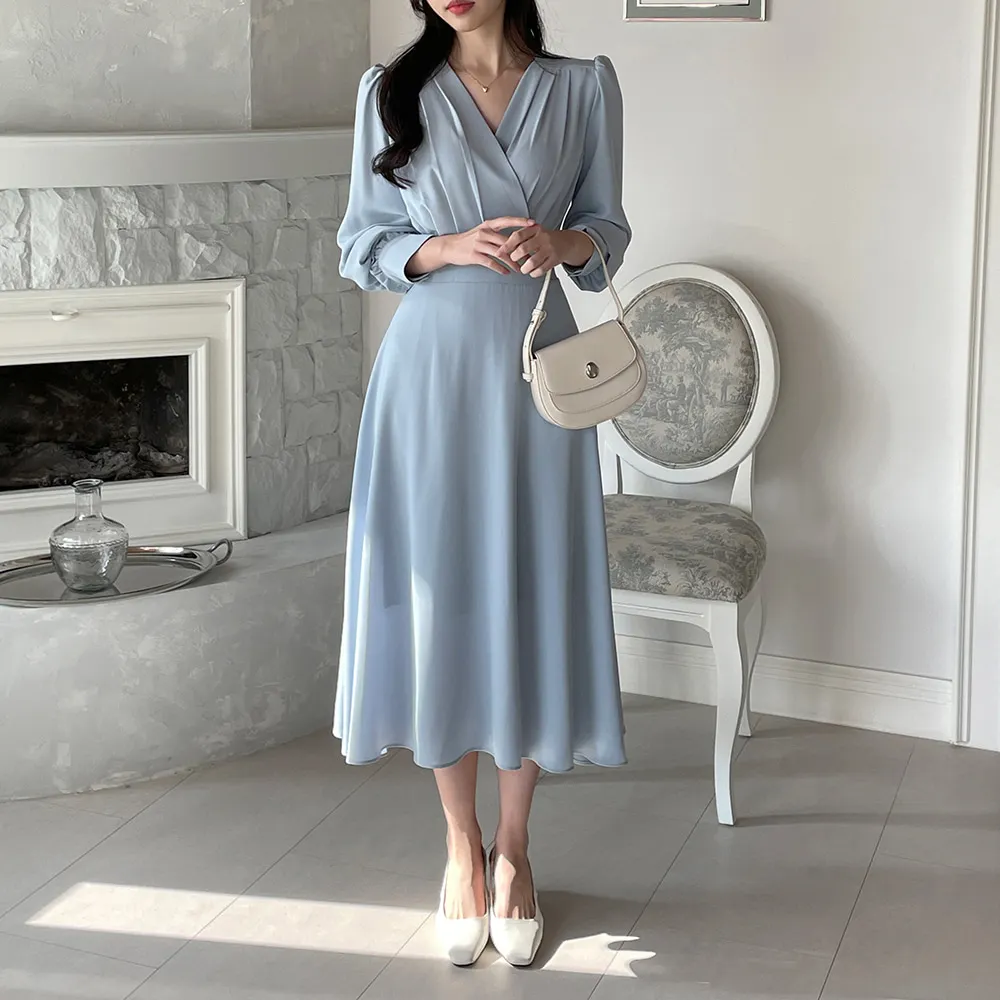 Korean Fashion Autumn Midi Dresses for Women Long Sleeves V-neck A-line Solid Casual Dress Office Lady Clothing New