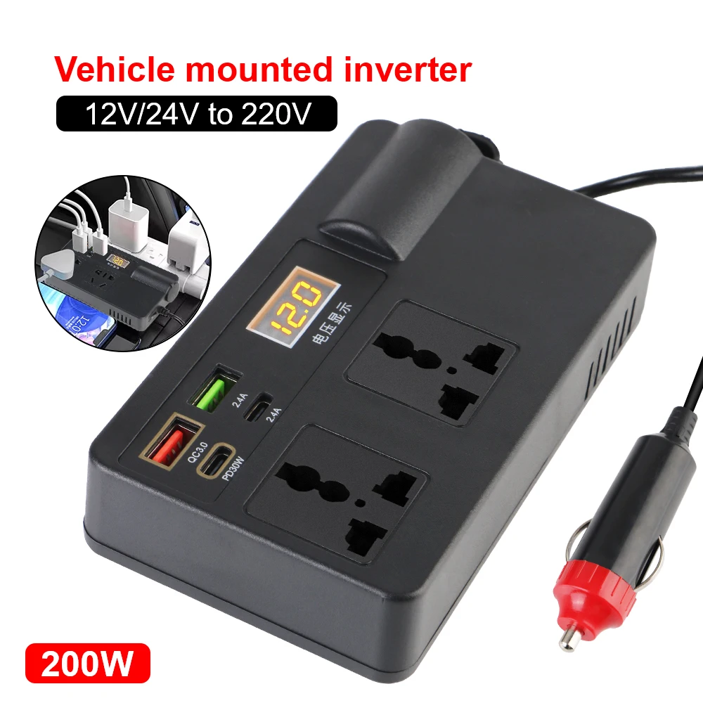 מתאם מצת סיגרים 200W, ממיר מתח לרכב, ממיר מתח DC 12V 24V ל-220V, 7 יציאות, מטעני USB מסוג PD Type-C, שקע AC