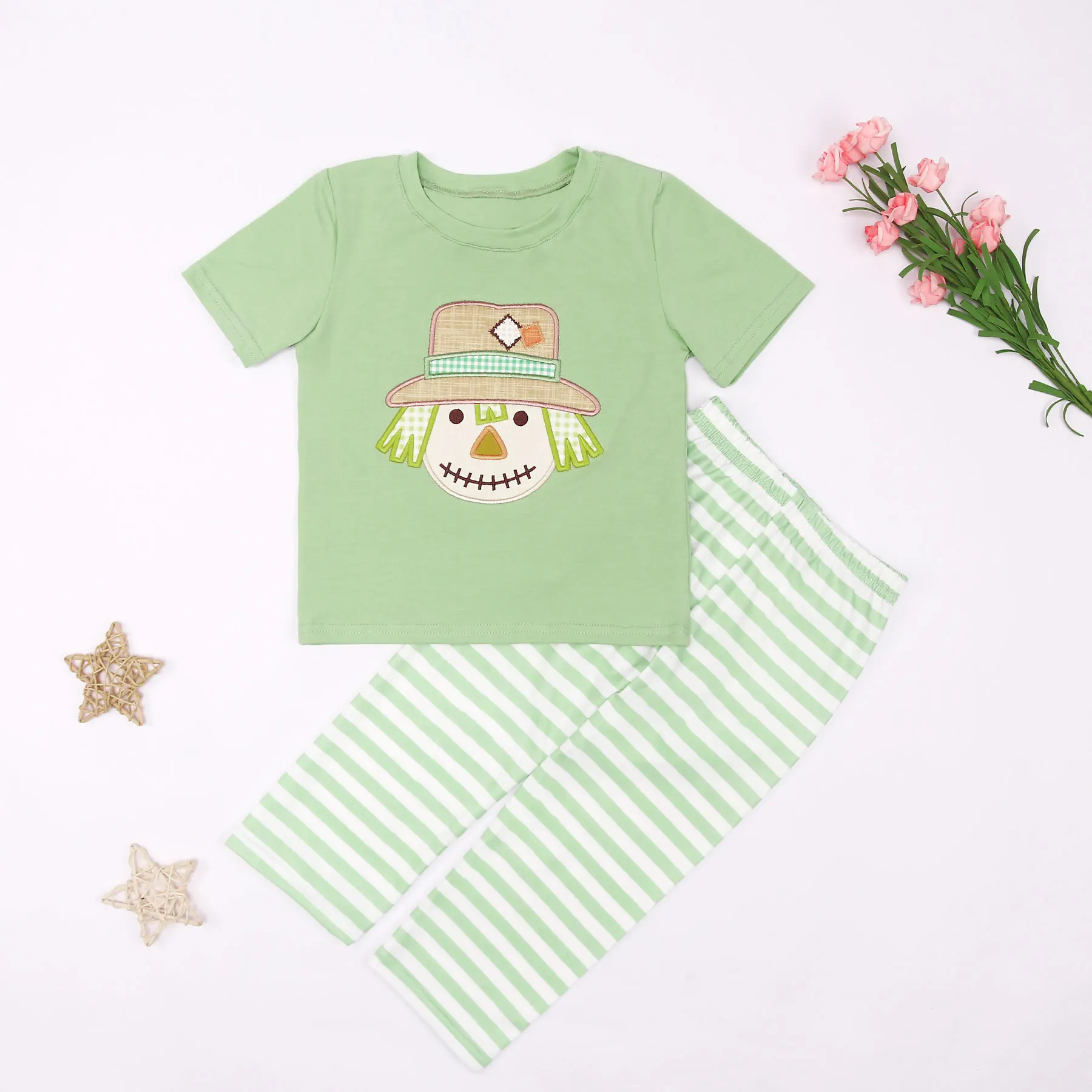 

Fall Children Pants Set Style Baby Boy Green Top Clothes Boutique Scarecrow Applique Short Sleeve Cloth Beautiful Kids Outfits