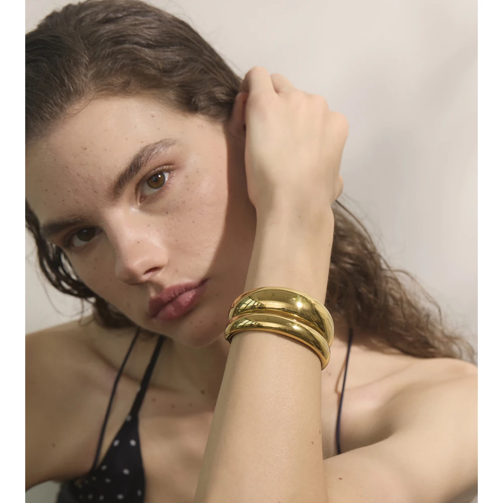 Yhpup 18K Golden PVD Plated Stainless Steel Double Layer Cuff Statement Bracelet
