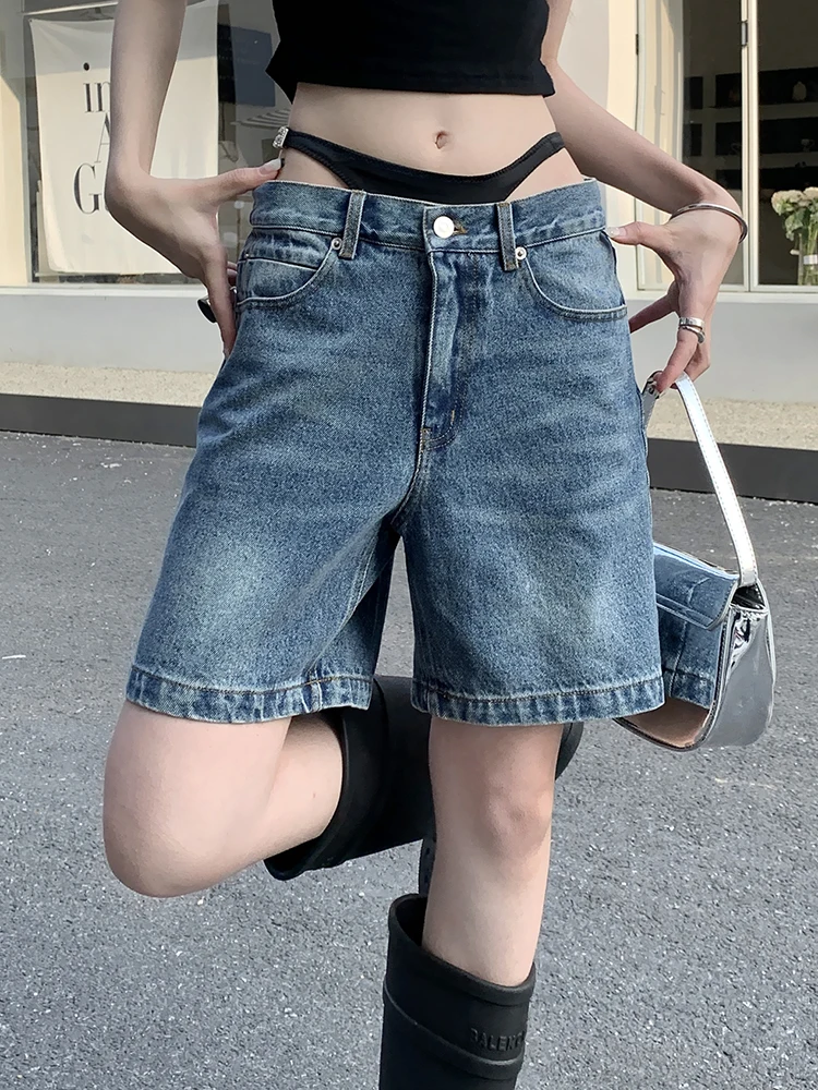 Chic Hollow Out Waist Denim Shorts Low Waist Wide Leg Jeans Shorts Hot Girls Pants Streetwear Loose Casual Summer 2023 New Short