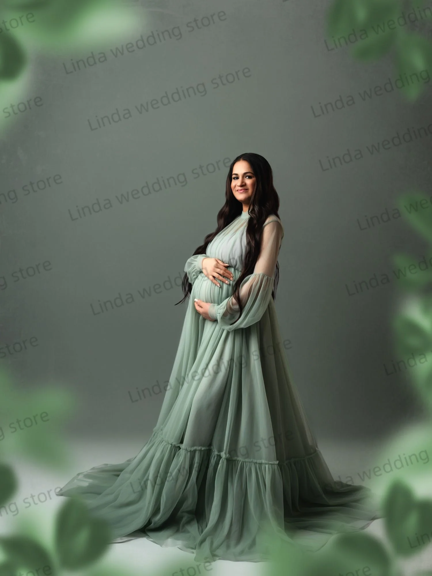 Mint Green Maternity Dresses for Photoshoot Modest Tulle Gala Dress Women High Neck Long Babyshower Pregnancy Dress