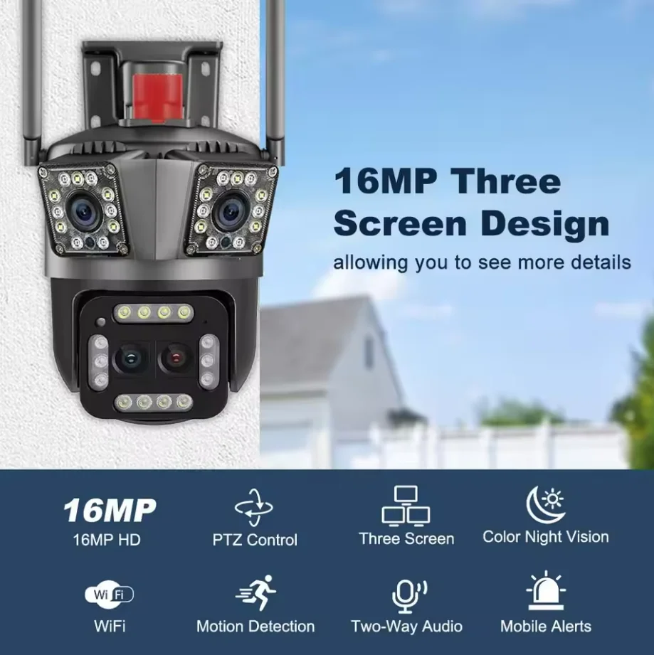 8K 12MP Outdoor WiFi Camera 12X Zoom Four Lens Three Screen PTZ Camera 360° Surveillance Cameras Motion Tracking Security Camera 2