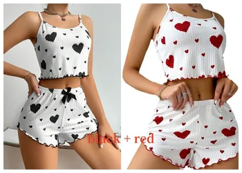 Women's Pajamas Set Sleepwear 2 PCS Short Tank Tops And Shorts S M L White Ventilate Soft Casual Love Printing 15