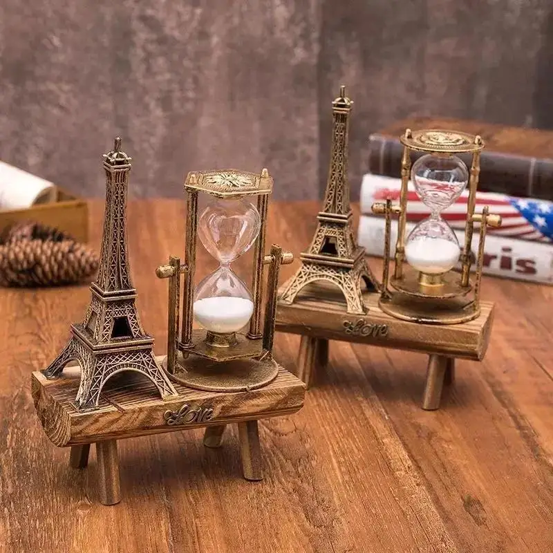Creative Retro Iron Tower Hourglass Ornaments Simple Modern Home Study Wooden Pendulum Clock Hourglass Ornaments Home Supplies