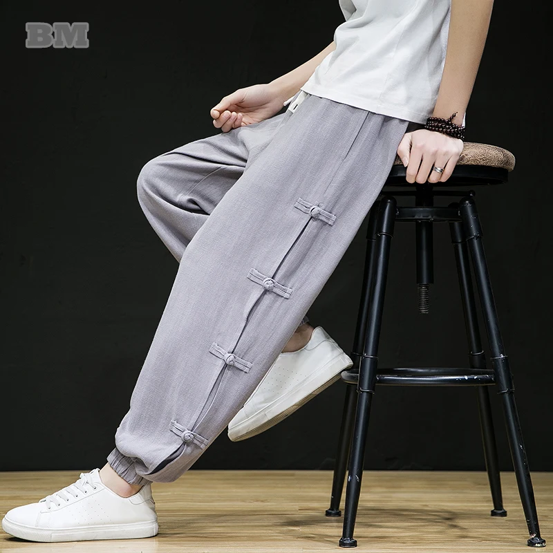 

Chinese Traditional Dress Cotton Linen Casual Pants Plus Size Jogging Pants Men Clothing Side Button Harajuku Trousers Joggers
