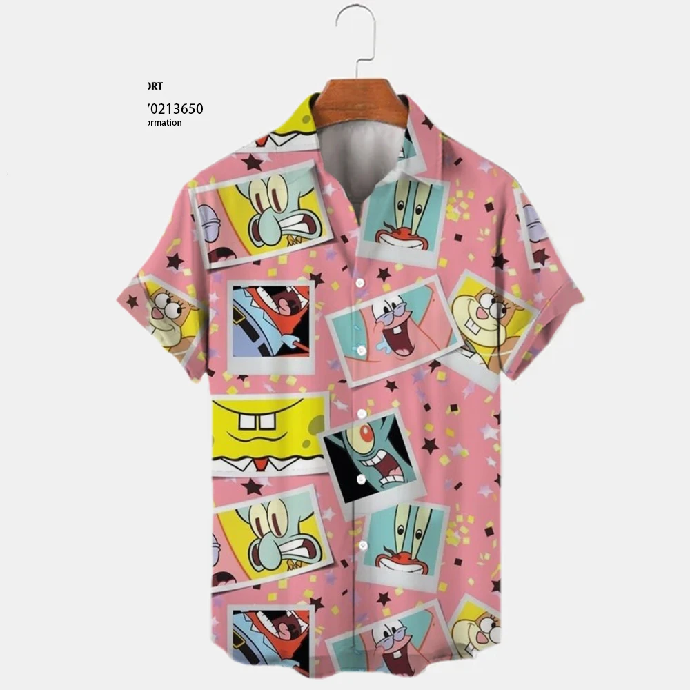 2024 Summer New Harajuku Casual Shirt Cute Spongebob Anime Street Trend Versatile Men's Lapel Short Sleeve Shirt 6