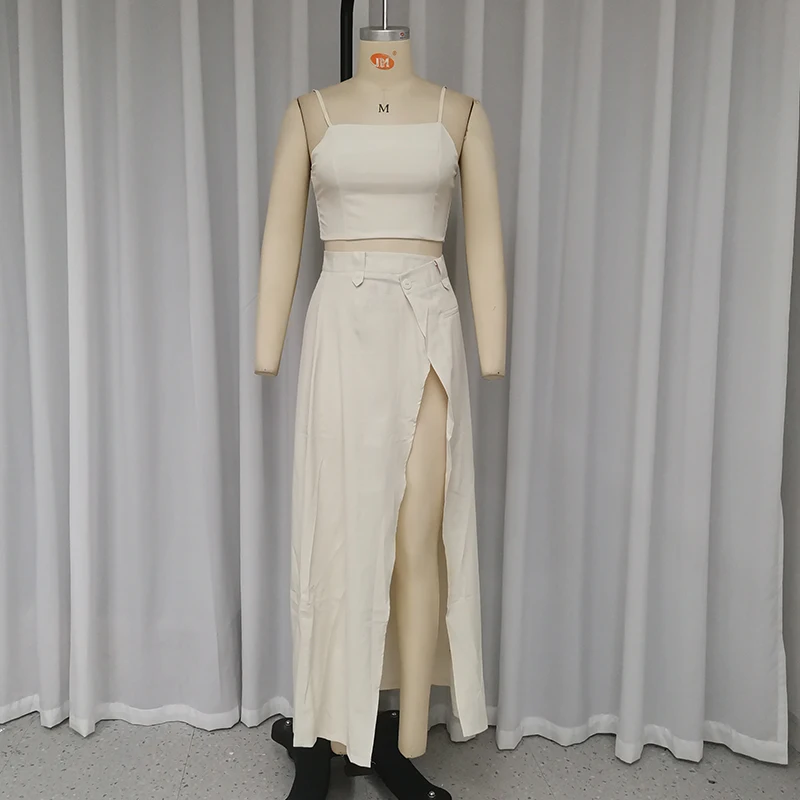 Wefads Women Two Piece Set Summer Sexy Chic Solid Suspender Sleeveless BacklessTop A Line Slit Irregular Long Skirt Sets No Belt