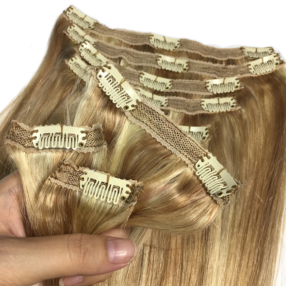 Clip In Straight Clip In Human Hair Extensions Color P8/613 Blonde Straight Brazilian Hair Extension Full Head for Women