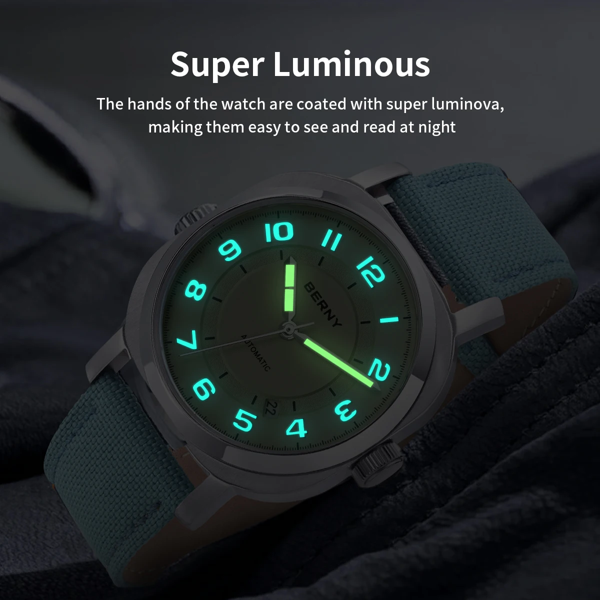 BERNY Mechanical Watch for Women Self-wind Pillow Cushion Sapphire Super Luminous Wristwatch Canvas Calendar Watch for Ladies 4