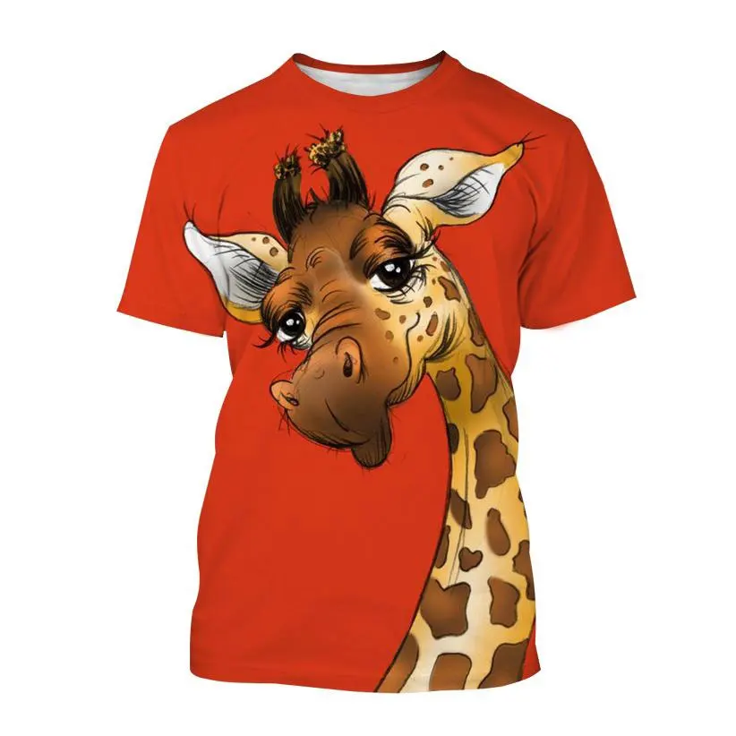 Cartoon Giraffe Print Crew Neck T-shirt, Casual Short Sleeve T