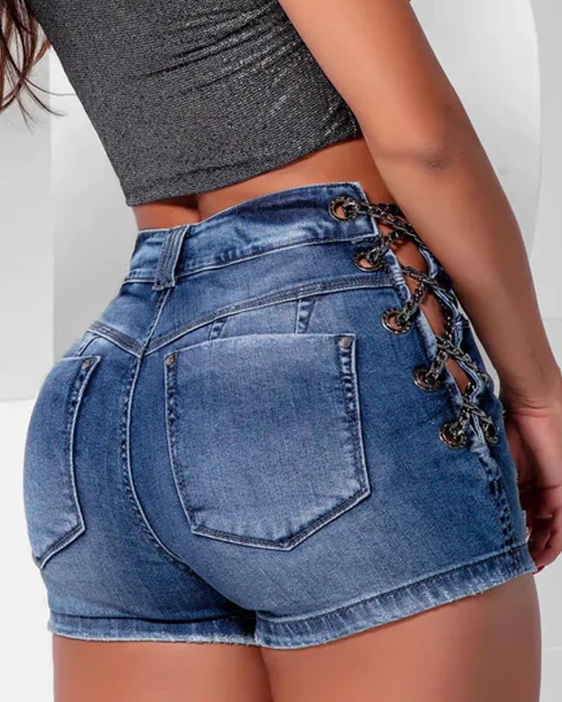 

Grommet Eyelet Chain Lace-up Ripped Denim Shorts Women Spring Summer Jeans Shorts Pants Sexy Bleached