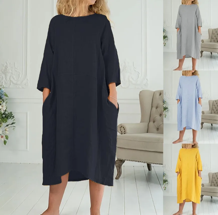 

Summer European and American Women's Seven-quarter Sleeves, Round Neck Pockets, Loose Long Skirt Dress