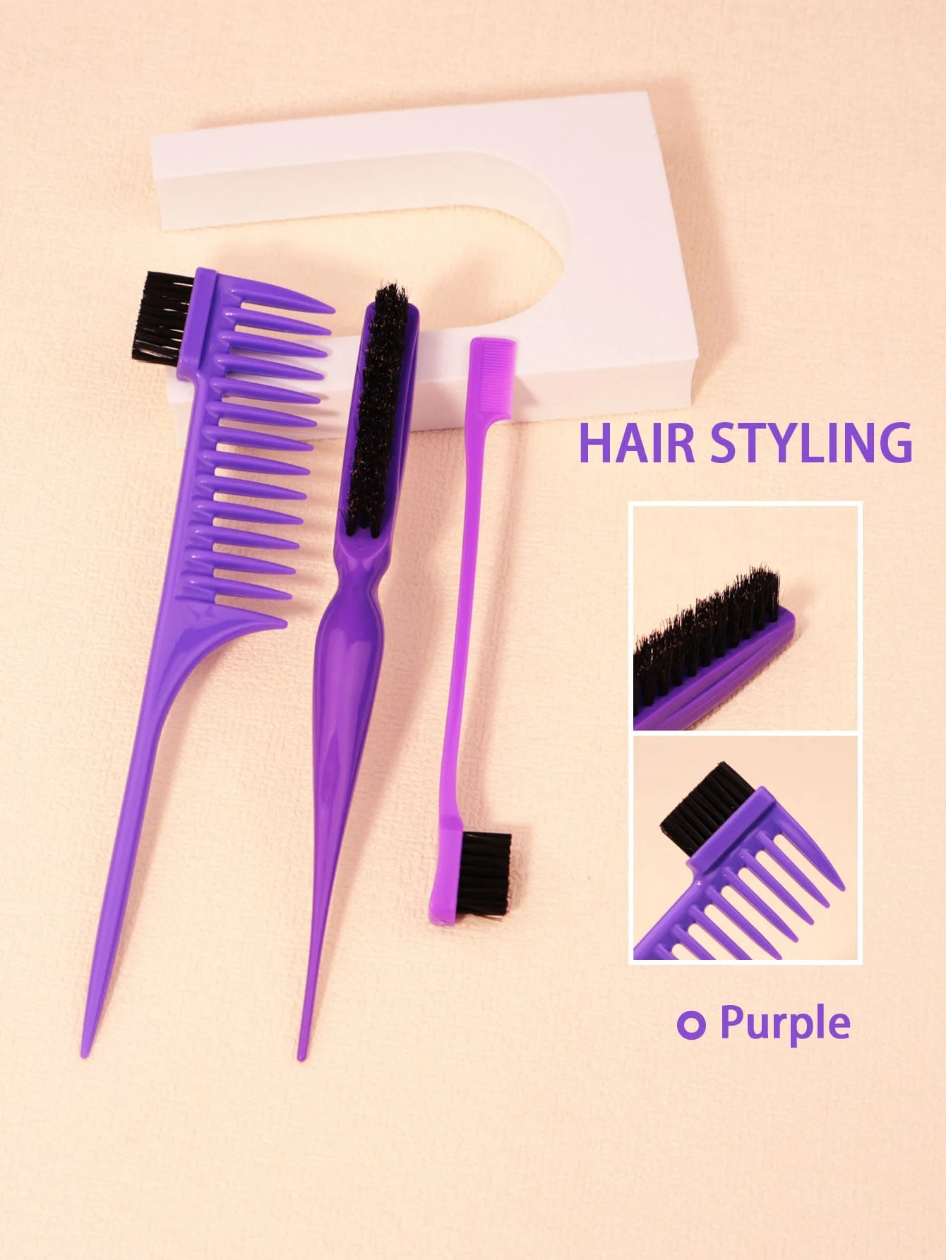 Hair styling comb set with 3 rows of nylon hair brushes, steel needle pointed tail comb, and edge control brush 5