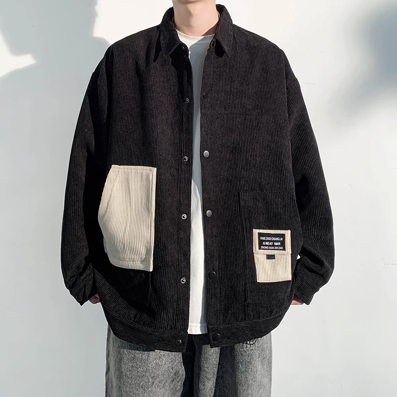 Fashion Lapel Spliced Pockets Loose Corduroy Shirts Men's Clothing 2024 Spring Summer New Oversized Casual Tops Korean Shirts