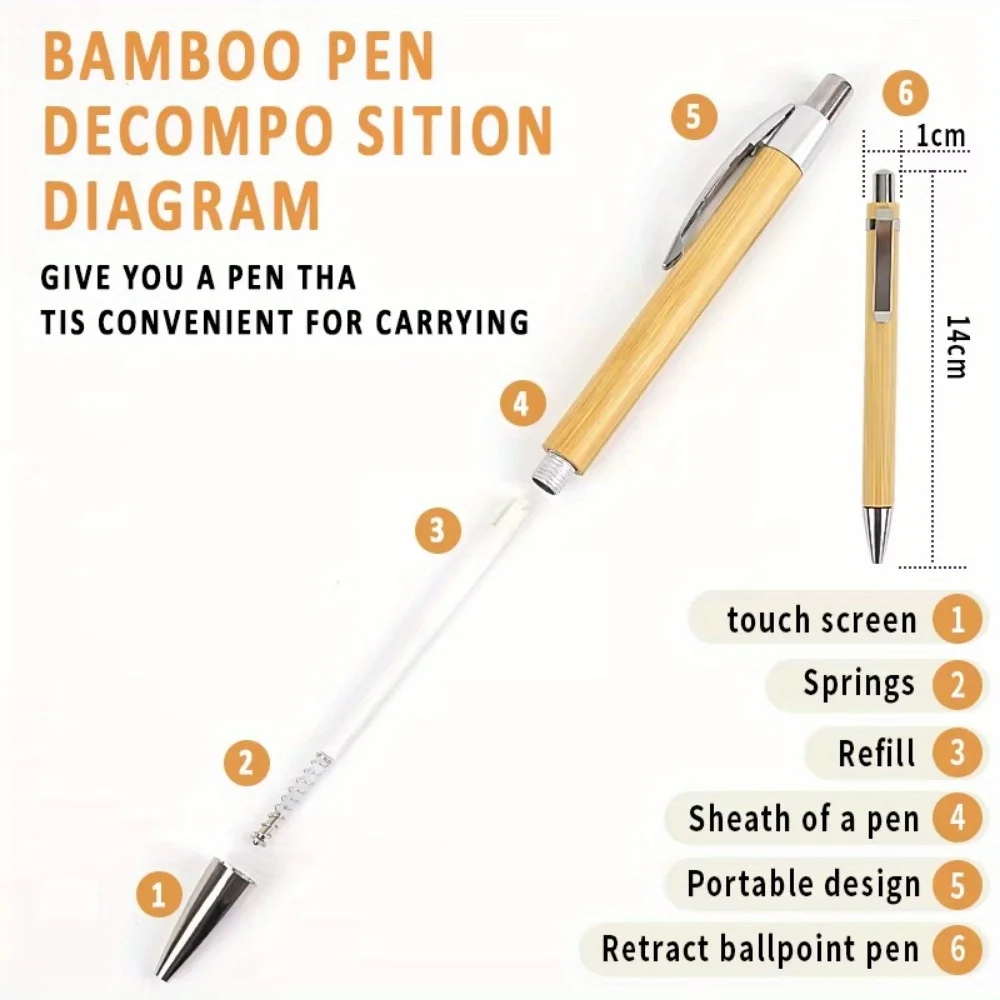 Eco-Friendly Bamboo Ballpoint Pens - Set of 6, Black Ink, Retractable, Refillable