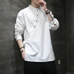 New Chinese Style Men's Hemp Shirt Cotton Linen Tang Suit Hanfu Retro Casual Zen Harajuku tops Clothes Men Clothing White Shirt