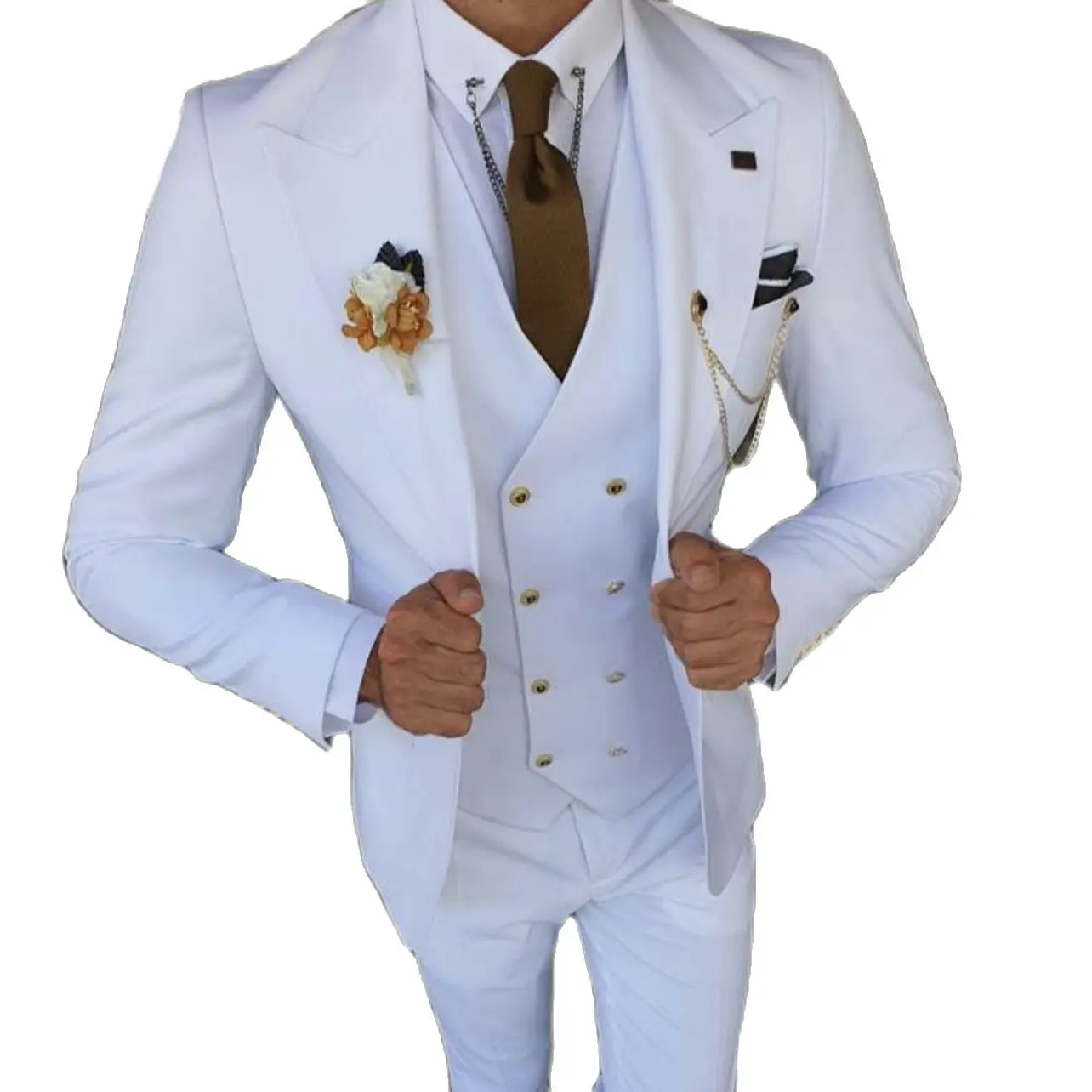 

Classic Slim Fit 3 Piece White Men Suits Blazer Vest And Pants Formal Wedding Groom Fashion Set/Gold Buttons Casual Male Jacket