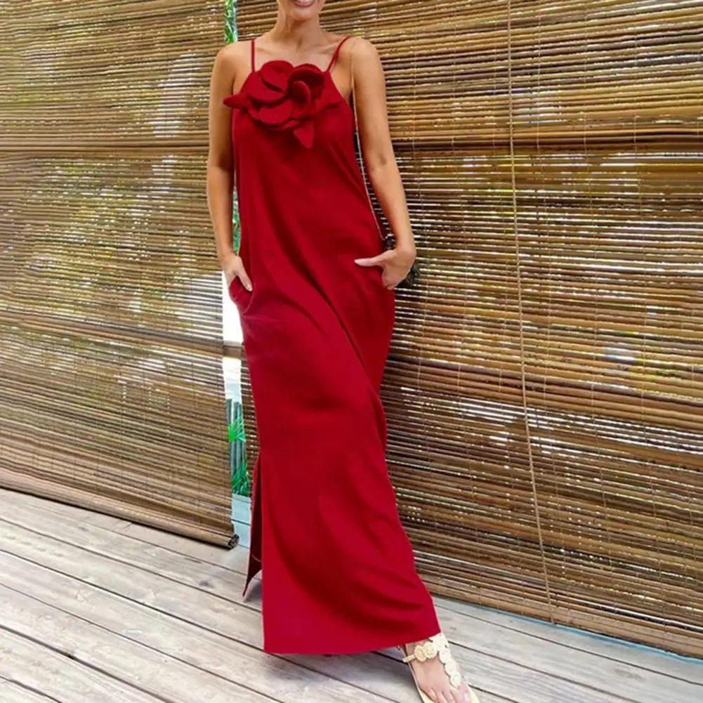 

Women Evening Dress Spaghetti Strap 3D Flower Decor Backless Sleeveless Solid Color Side Slit Strappy Dress Prom Party Beach Max