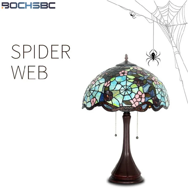 

BOCHSBC Tiffany Style Desk Light Sspider Man Web Blue Red Green Peach Flower Stained Glass Lampshade Table Light Classical Art