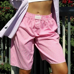 New Women's Y2K Vintage Loose Elastic Waist Shorts Casual Summer Solid Color/Plaid Print Short Pants Beach Nightclub Streetwear