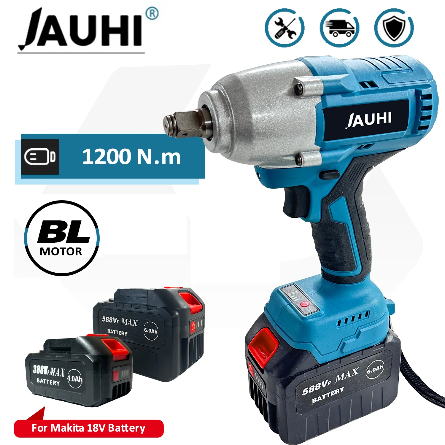 

JAUHI Cordless Electric Impact Wrench 1200N.M Torque 1/2 inch Brushless Wrench For Makita 18V Li-ion Battery Power Tools