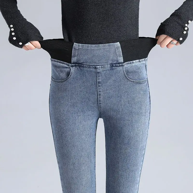 Женские осенне-зимние Бархатные модные джинсы с высокой талией, повседневные Универсальные однотонные элегантные брюки, плотные Сексуальные облегающие Женские Брюки