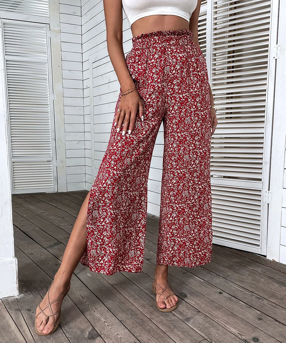 crop pants for women Benuynffy Holiday Ditsy Floral Print Wide Leg Pants Women Summer High Elastic Waist Boho Casual Split Trousers For Women black ripped jeans