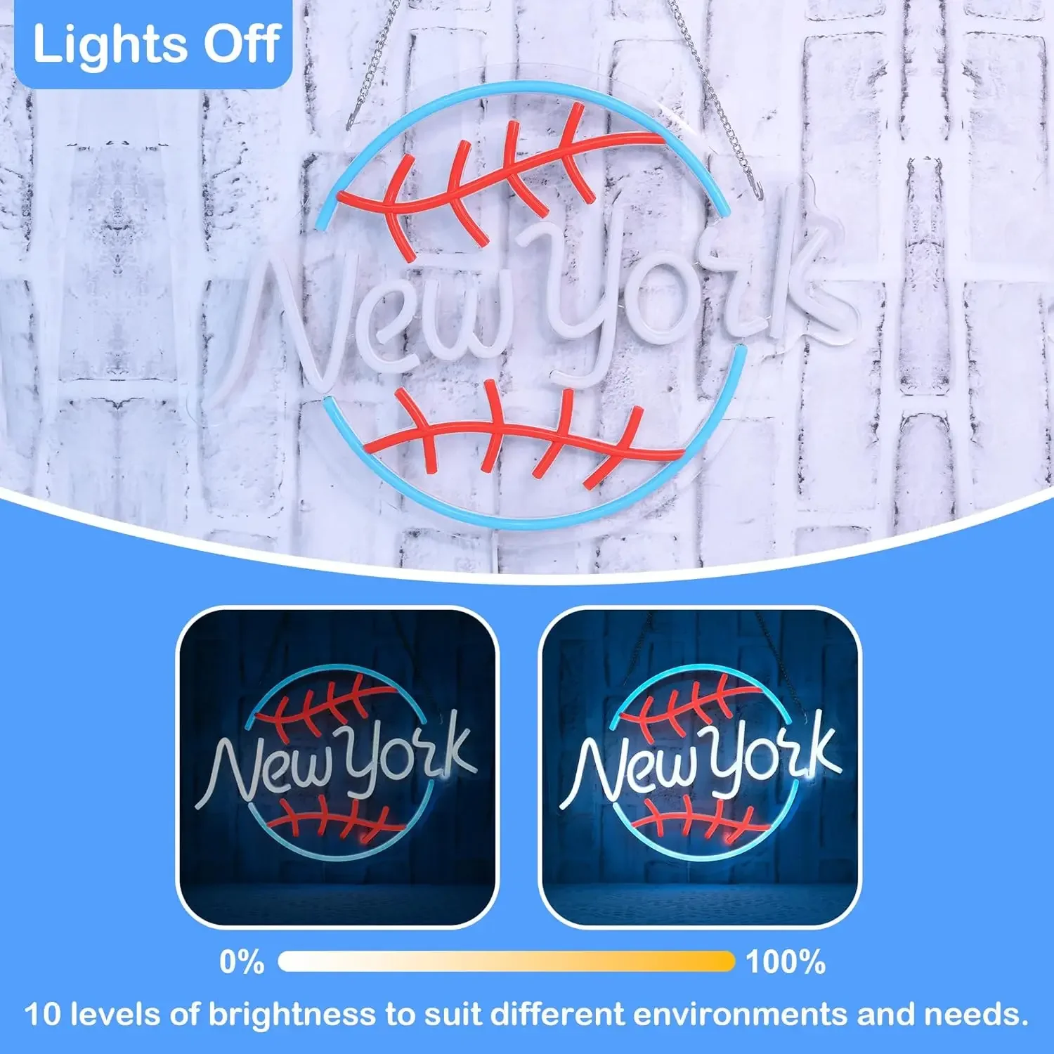 Baseball Neon Sign, New York USB Power Neon Sign, Baseball Room Wall Decor Suitable for Sport LED Store Sign Man Cave Bar