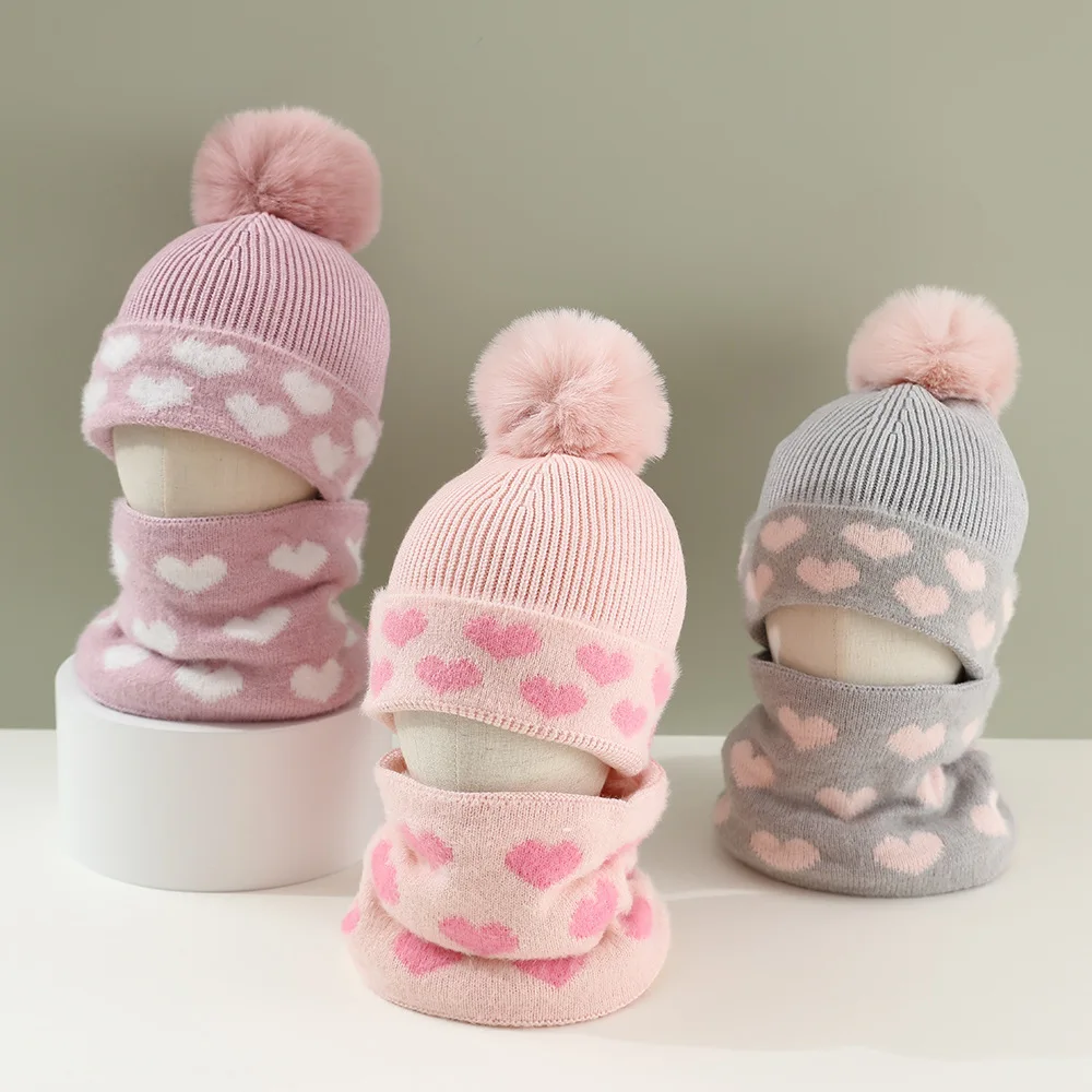 New Love Heart Style Fleece Girls Hat Scarf Set Autumn Winter Thick Velvet Children's Wool Knitted Hat Scarf Set