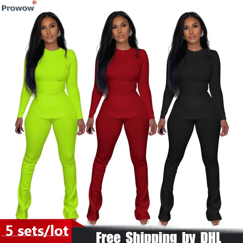 

Wholesale Matching Set Women Rib 2 Piece Outfit Simple Solid Lady Tracksuit Casual Female Sport Suit Pullover + Flare Pants 8534