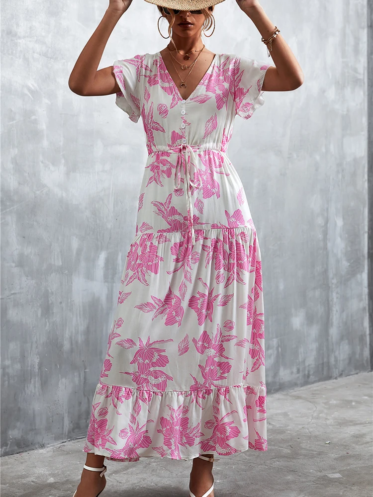 

Летнее Длинное Платье в стиле бохо, Женское Платье макси с v-образным вырезом и цветочным принтом, модное платье с оборками на пуговицах, женское пляжное платье с коротким рукавом