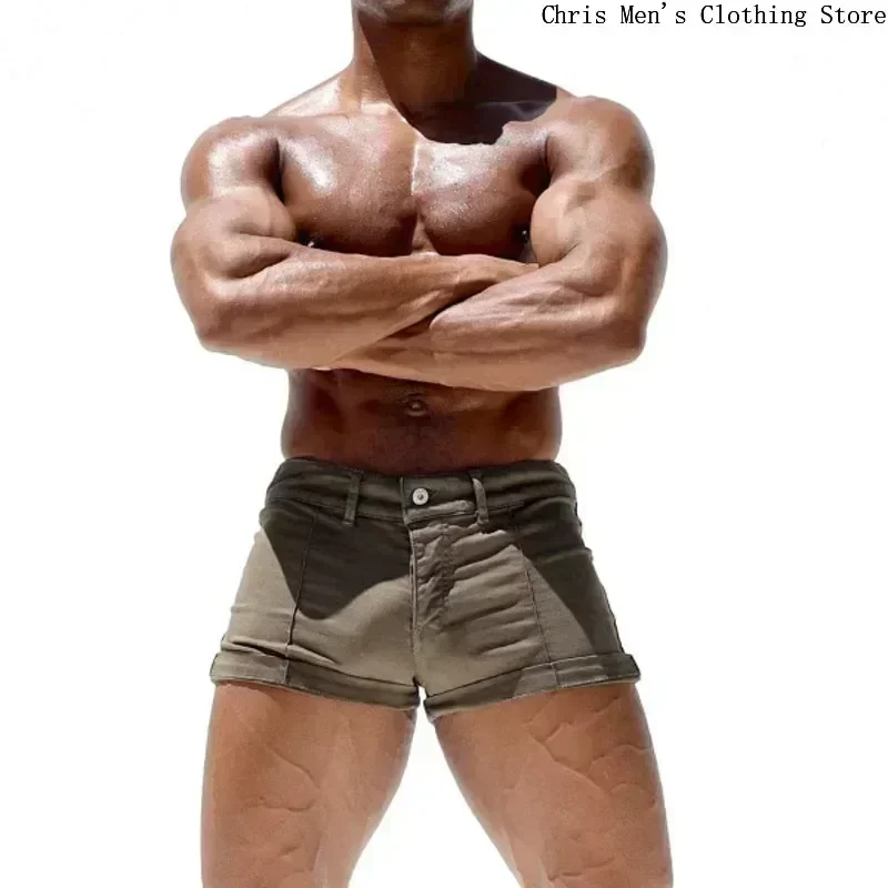 Men Jeans Denim Shorts Summer Jeans Shorts Athleisure Solid Color Pants Denim Shorts Sexy Tight Men's Short Shorts Zipper Elastic Slim Men's Summer Thin Trousers