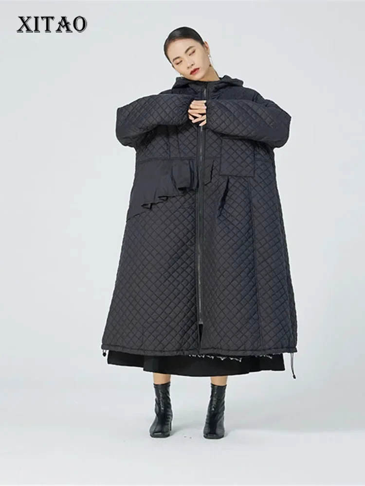 

XITAO Solid Color Parkas Coat Hooded Collar Zipper Pleated Diamond Lattice Long Loose Fungus All-match Korea Winter JL0224