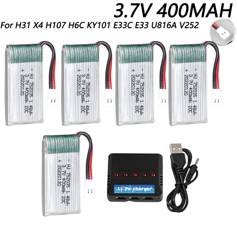Фото Аккумулятор Lipo 3,7 в 400 мАч для дрона X4 H107 H31 KY101 E33C E33 U816A V252 H6C, запасные части 3,7 в 1S, аккумулятор с зарядным устройством XH2.54 №1