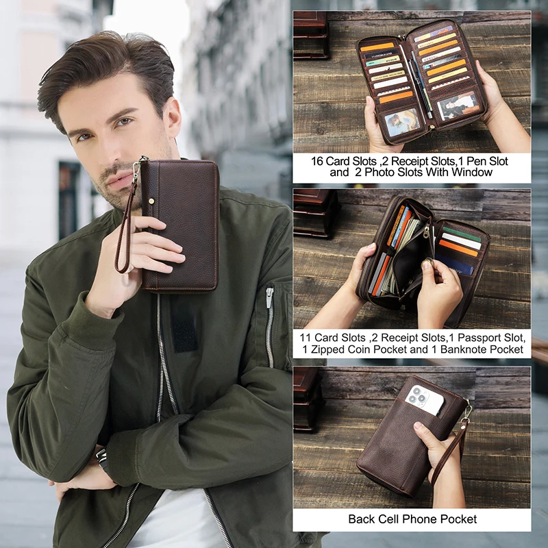 CONTACT'S Men Clutch Bag Genuine Leather Male Long Wallets Multi Card Holder Double Zipper Large Wallet Bag Passport Cover Purse
