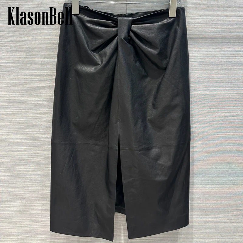 

4,17 темпераментная элегантная юбка KlasonBell из 100% овчины, женская одежда, облегающая юбка миди с разрезом и рюшами на талии
