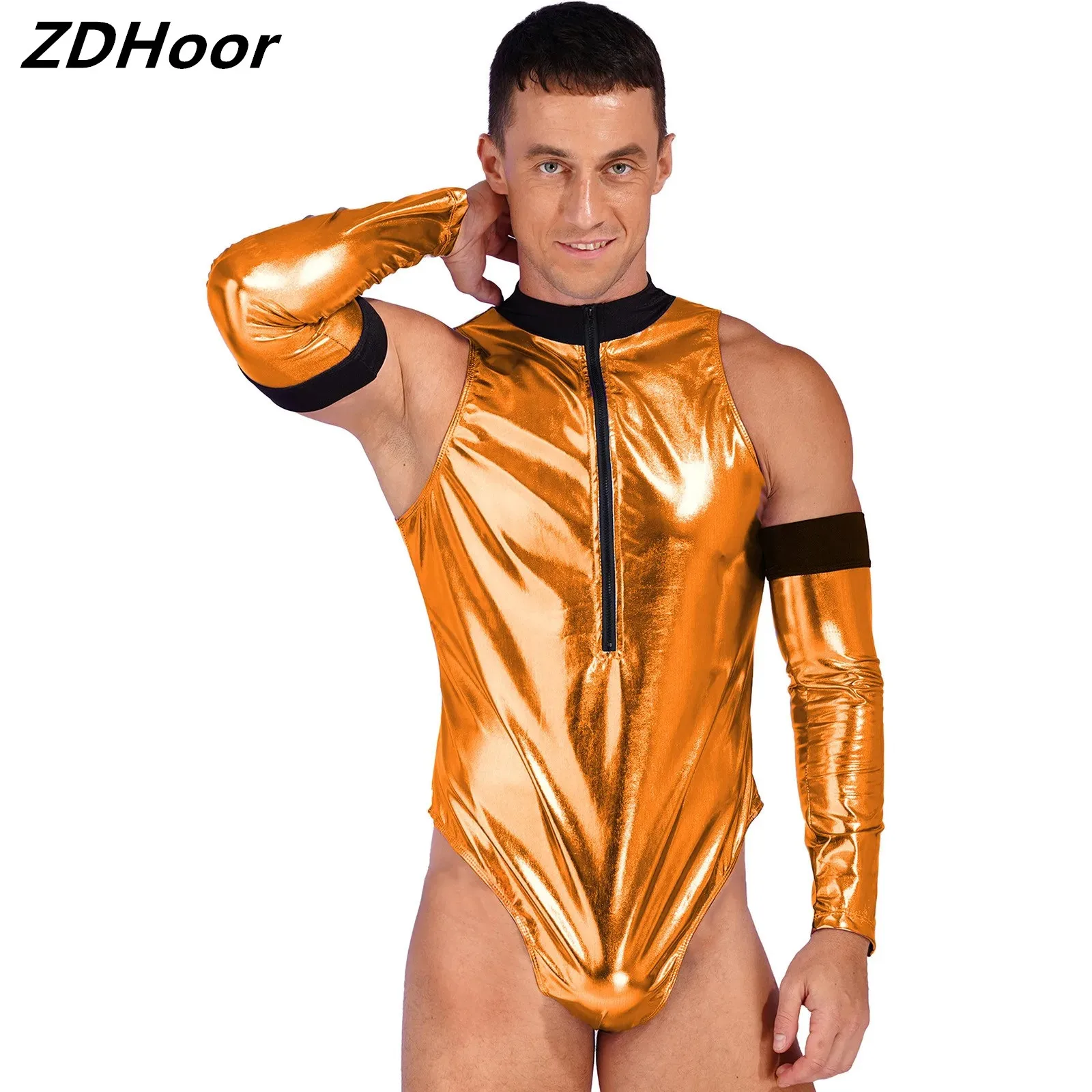 

Mens Role Play Costume Outfits Shiny Patent Leather Sleeveless Bodysuit Zipper Mock Neck Catsuit with Gloves