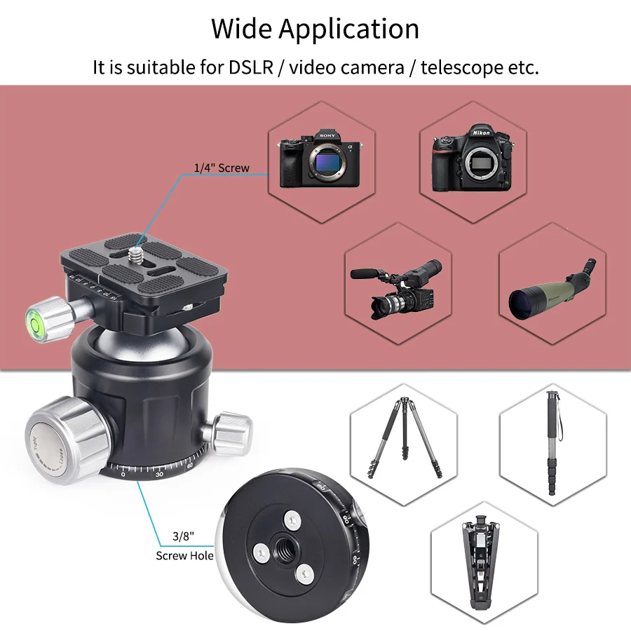 QP-36/44/52 Tripod Ballhead of Low Gravity Center 360° Panoramic Metal BallHead