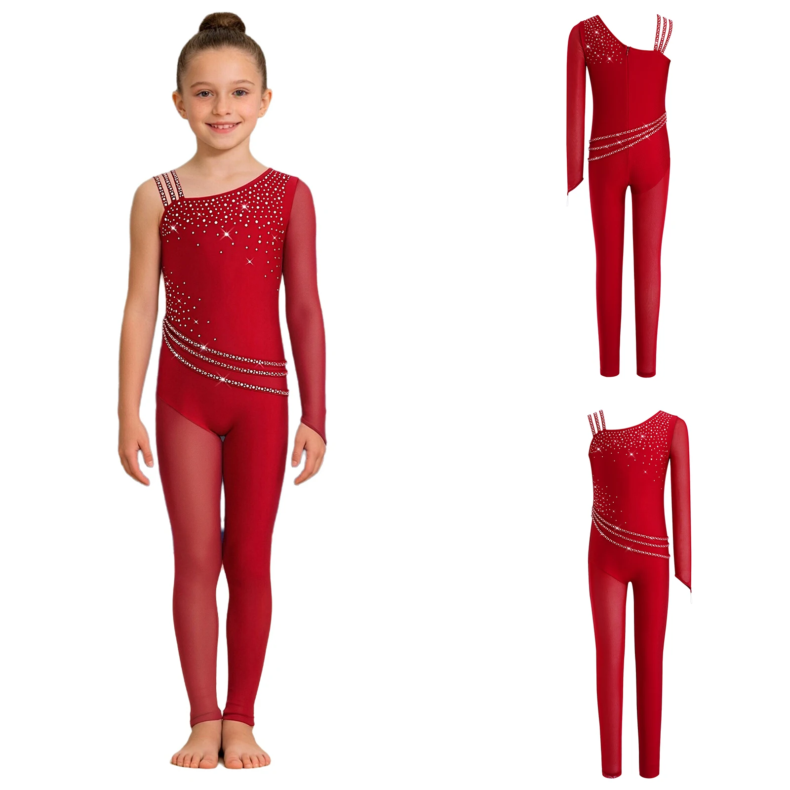 Kinder Mädchen Glänzende Strasssteine Gymnastik Overall Langarm Ballett Tanz Trikot für Eiskunstlauf Akrobatik Yoga Leistung – Detail 19