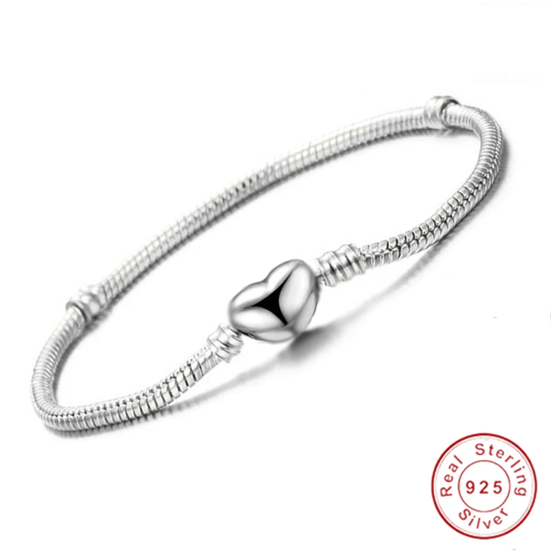 Original 925 Silver Color heart shape charm bracelet snake DIY bead bracelets gift for women