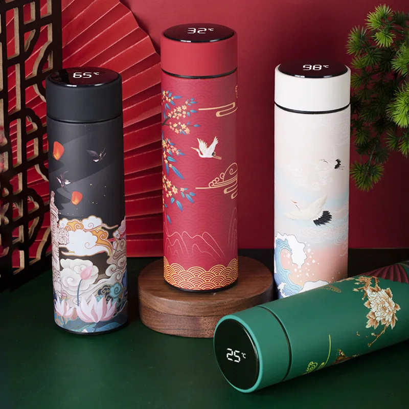 

Thermal Mug Water Bottle Thermos Chinese Style Ins Illustration Vacuum Flask Stainless Steel Display Temperature Water Thermos
