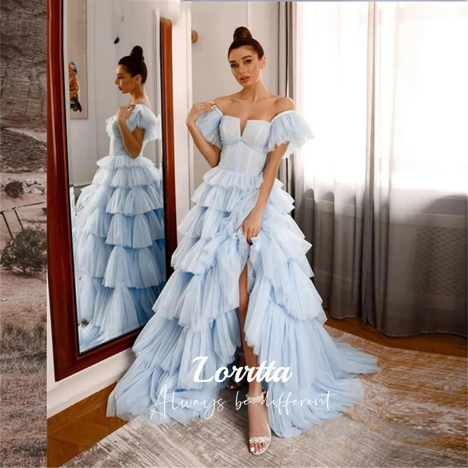 

Lorrtta Sophisticated A-Line Evening Gown Sky Blue Tulle Ball Gown Puffy Sleeve Ruched Tiered Cocktail Party Dress