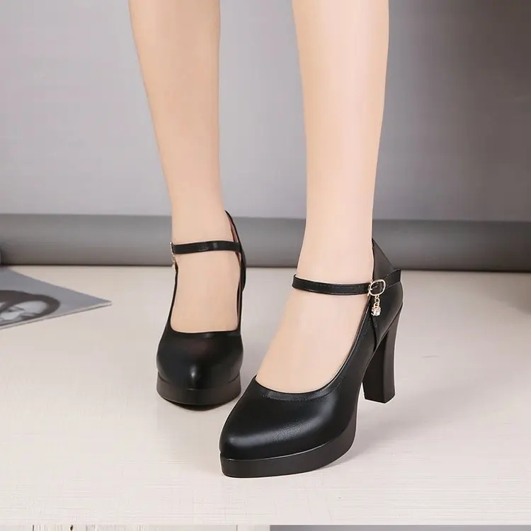 High Heels Platform Pumps Women Spring New Fashion Buckle Solid Black Shoes Woman PU Leather Waterproof Shoes Femme Black