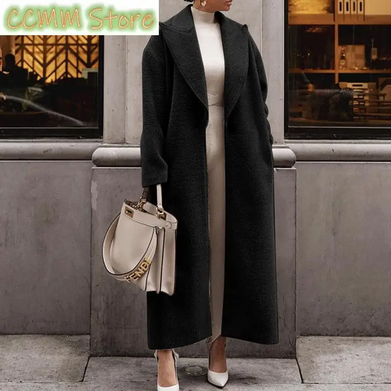 Winter Women Solid Color Commuting Office Overcoat Lady Lapel One-Button Fleece Outerwear Female Casual Single Pocket Long Coats
