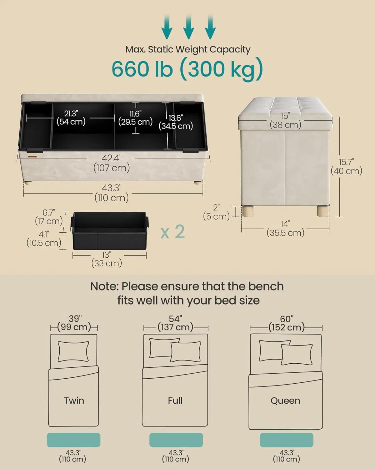 Storage Ottoman Bench, Folding Storage Chest, 15 x 43.3 x 15.7 Inches, Foot Rest Stool, 30 Gal. (112 L), Velvet Surface