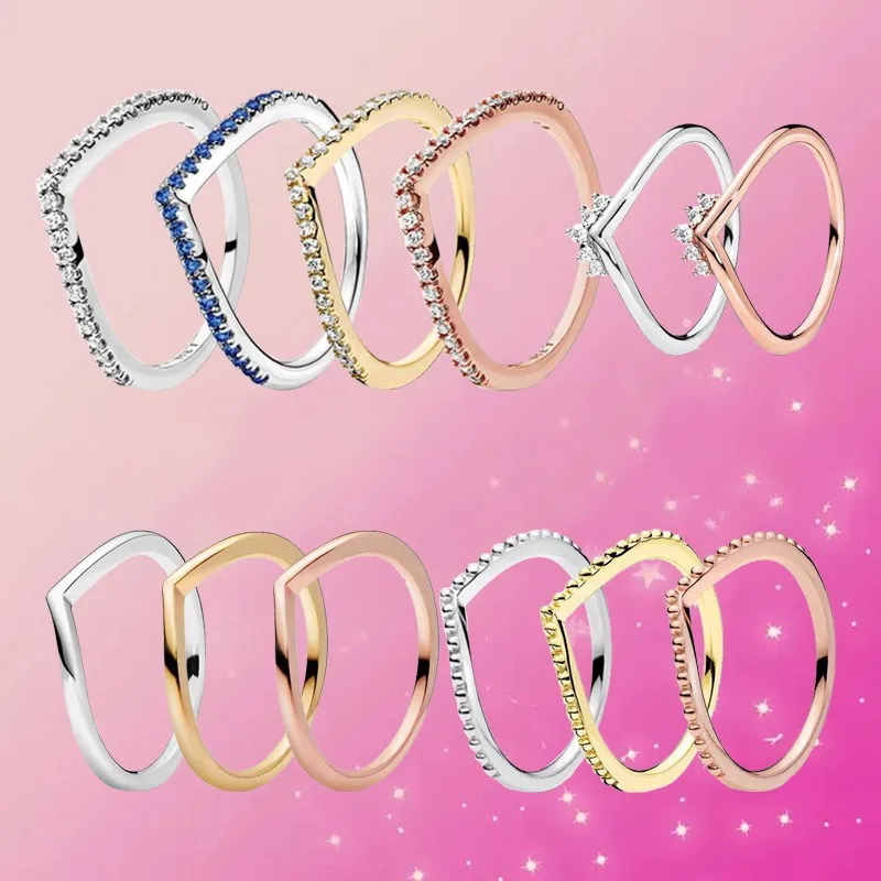 

PA DOR S925 Silver Exquisite V-shaped Wishing Bone Princess Crystal Crown Women's Ring Wedding Gift High Quality Charm Jewelry